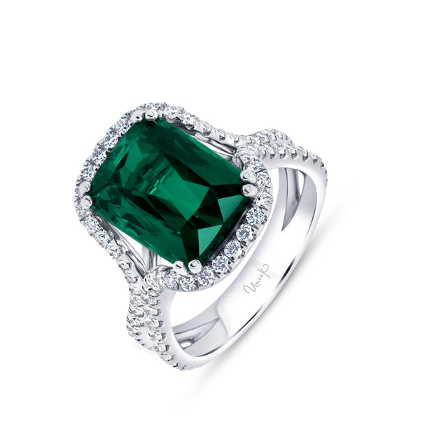 Uneek Precious Collection Halo Elongated-Cushion Green Tourmaline Engagement Ring