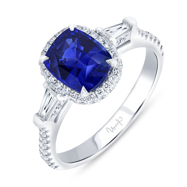 Uneek Precious Collection 3-Stone-Halo Cushion Blue Sapphire Engagement Ring