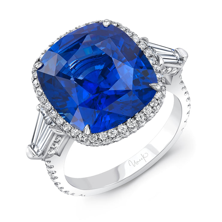 Uneek Precious Collection Halo Cushion Blue Sapphire Engagement Ring