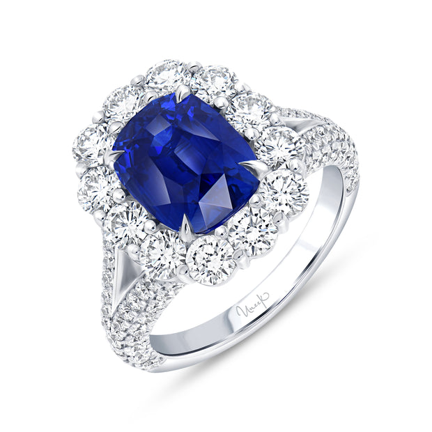 Uneek Precious Collection Halo Cushion Blue Sapphire Engagement Ring