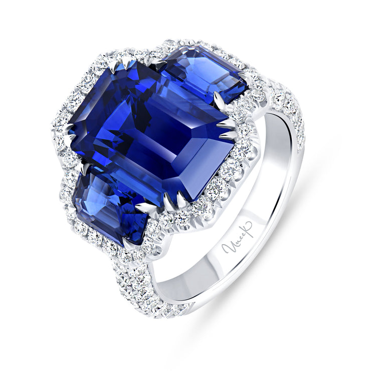 Uneek Precious Collection 3-Stone-Halo Emerald Blue Sapphire Engagement Ring