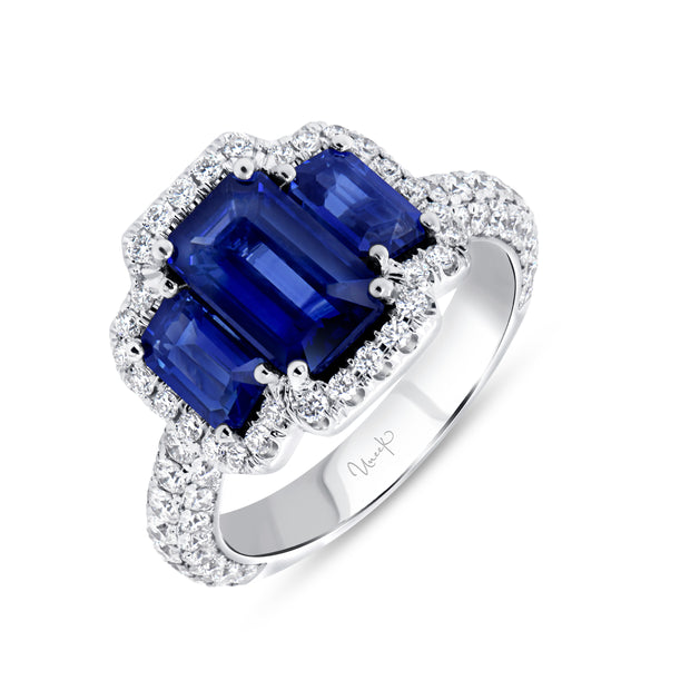 Uneek Precious Collection 3-Stone-Halo Emerald Blue Sapphire Engagement Ring