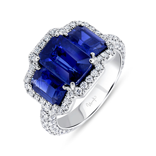 Uneek Precious Collection 3-Stone-Halo Emerald Blue Sapphire Engagement Ring