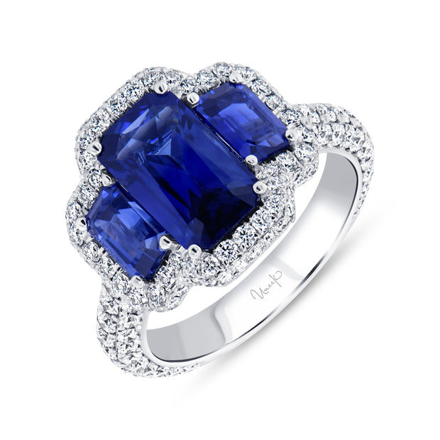 Uneek Precious Collection 3-Stone-Halo Emerald Blue Sapphire Engagement Ring