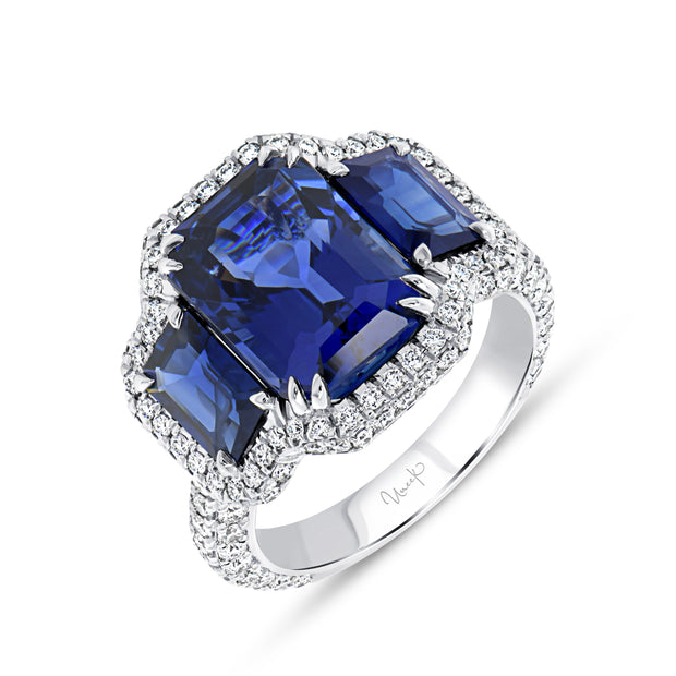 Uneek Precious Collection 3-Stone-Halo Blue Sapphire Engagement Ring