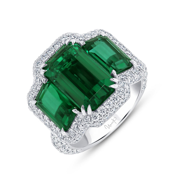 Uneek Precious Collection 3-Stone-Halo Emerald Emerald Engagement Ring