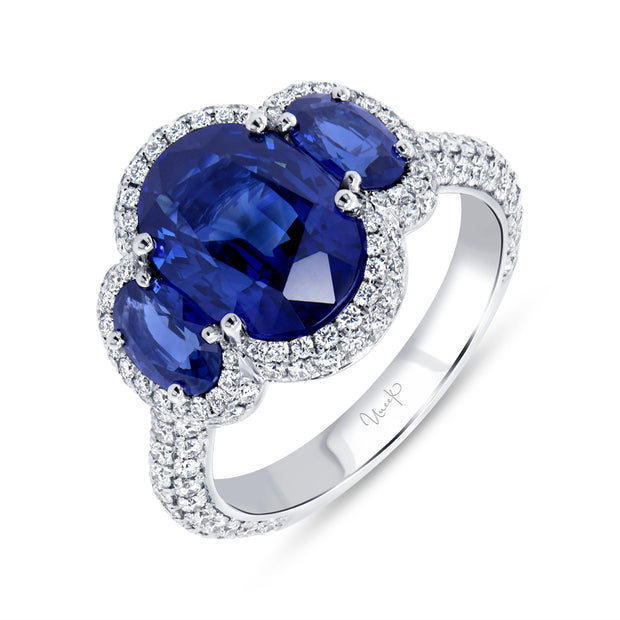 Uneek Precious Collection 3-Stone-Halo Oval Blue Sapphire Engagement Ring