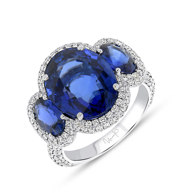 Uneek Precious Collection 3-Stone-Halo Blue Sapphire Engagement Ring