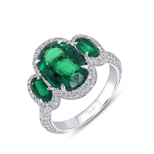 Uneek Precious Collection 3-Stone-Halo Oval Green Diamond Engagement Ring