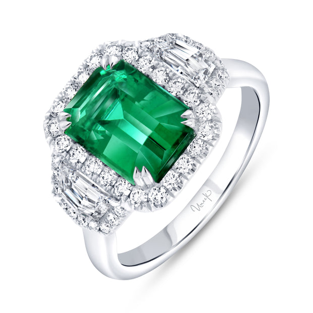 Uneek Precious Collection 3-Stone-Halo Emerald Emerald Engagement Ring
