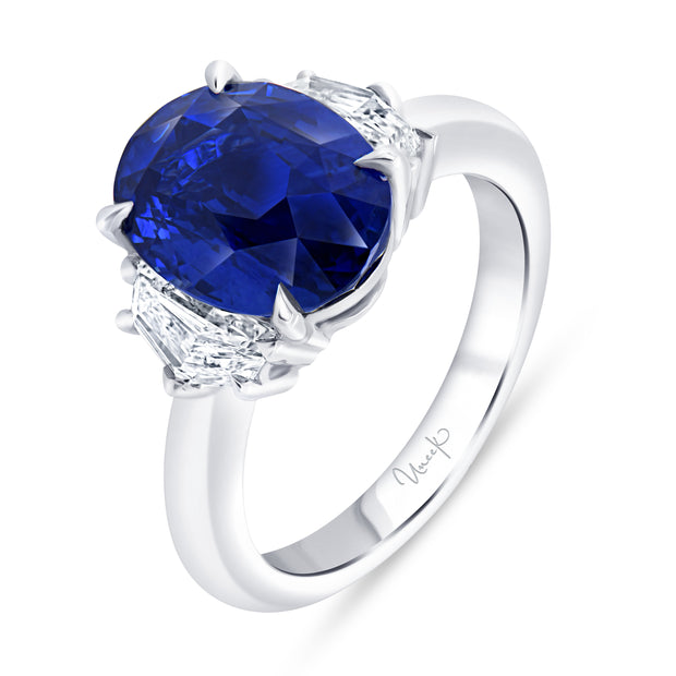 Uneek Precious Collection Three-Stone Oval Blue Sapphire Engagement Ring