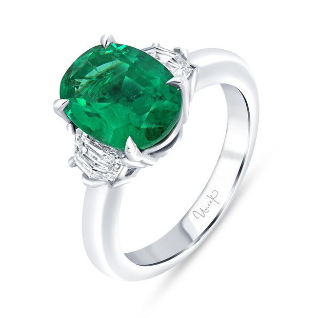 Uneek Precious Collection Three-Stone Oval Shaped Emerald Engagement Ring