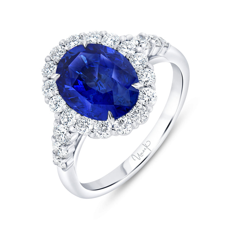 Uneek Precious Collection Halo Oval Blue Sapphire Engagement Ring