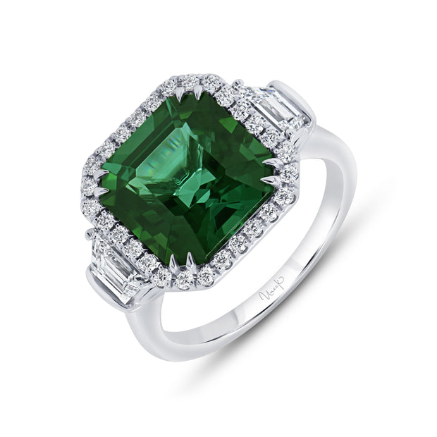 Uneek Precious Collection 3-Stone-Halo Asscher Green Tourmaline Engagement Ring