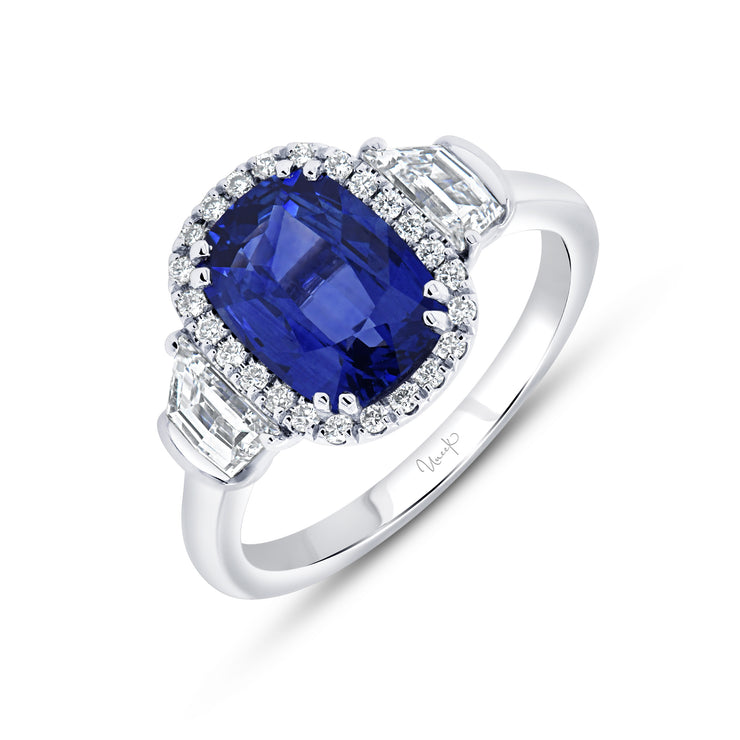 Uneek Precious Collection 3-Stone-Halo Cushion Blue Sapphire Engagement Ring