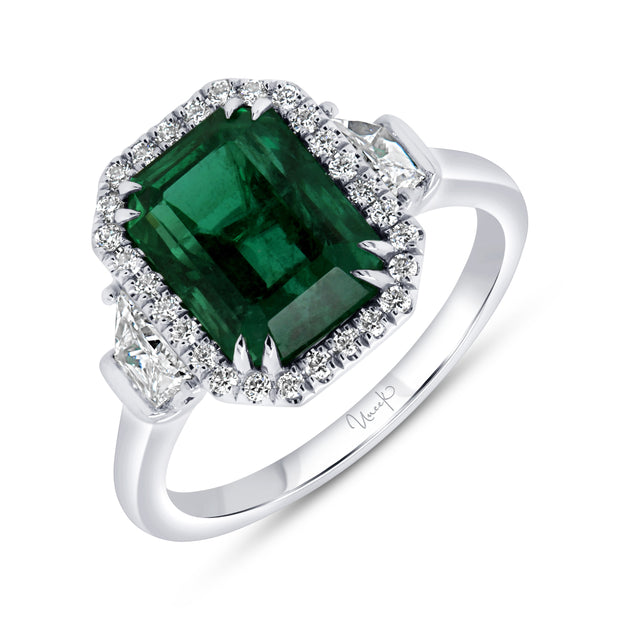 Uneek Precious Collection 3-Stone-Halo Emerald Cut Emerald Engagement Ring