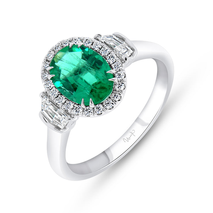 Uneek Precious Collection 3-Stone-Halo Oval Emerald Engagement Ring