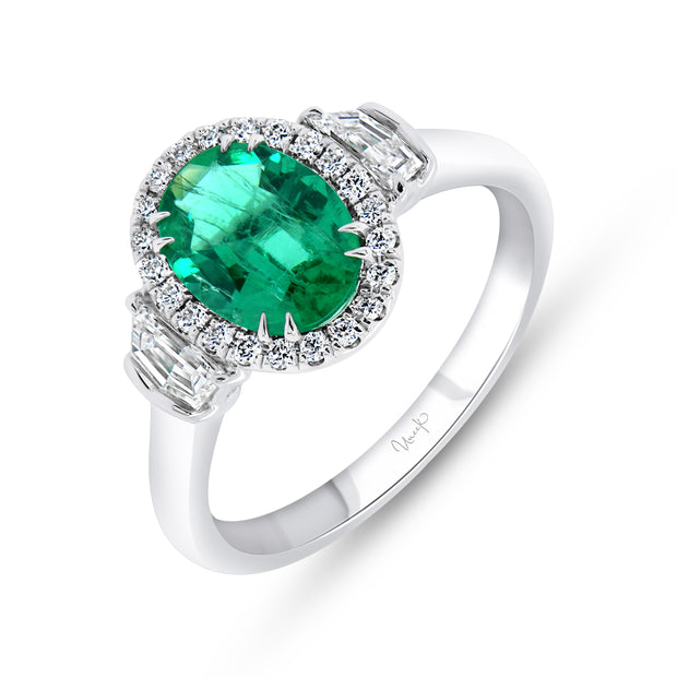 Uneek Precious Collection 3-Stone-Halo Oval Emerald Engagement Ring