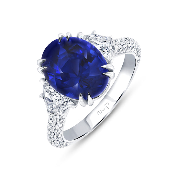 Uneek Precious Collection Three-Stone Oval Blue Sapphire Engagement Ring