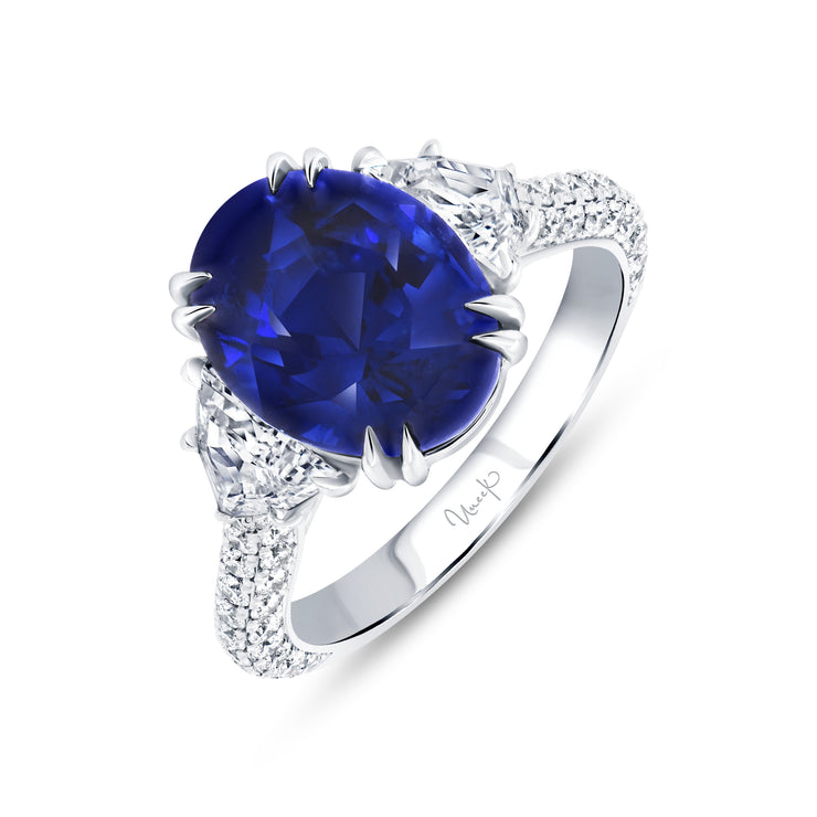 Uneek Precious Collection Three-Stone Oval Blue Sapphire Engagement Ring