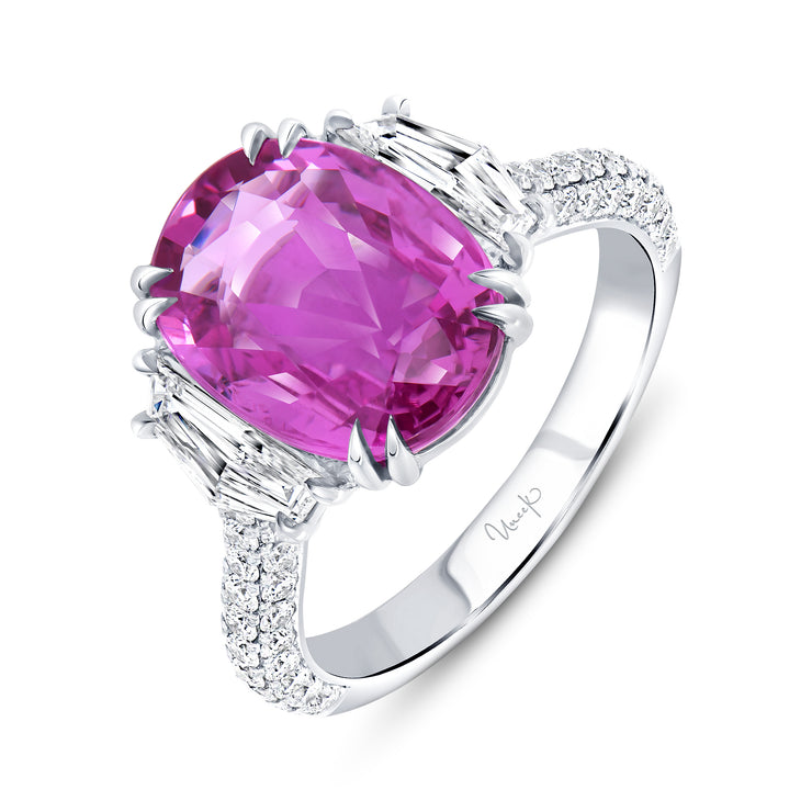 Uneek Precious Collection Three-Stone Oval Pink Sapphire Engagement Ring