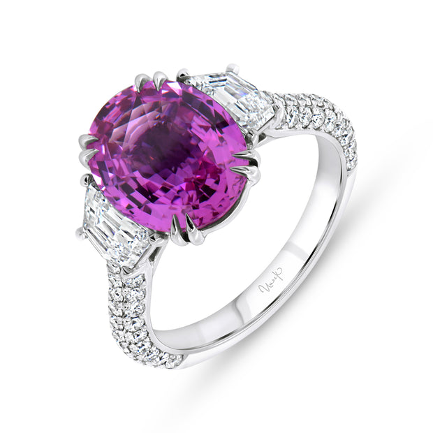 Uneek Precious Collection Three-Stone Oval Shaped Pink Sapphire Engagement Ring