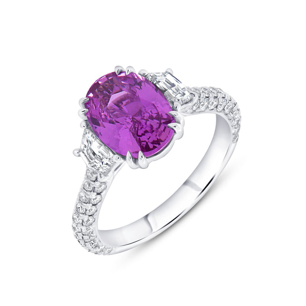 Uneek Precious Collection Three-Stone Oval Pink Sapphire Engagement Ring