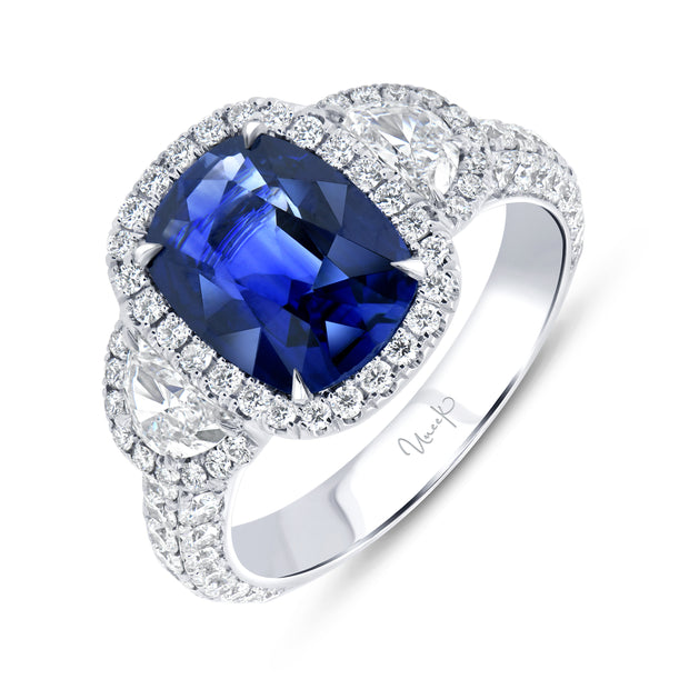 Uneek Precious Collection 3-Stone-Halo Cushion Blue Sapphire Engagement Ring