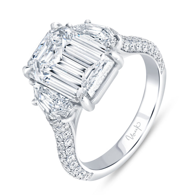 Uneek Signature Collection 3-Stone-Halo Emerald Diamond Engagement Ring