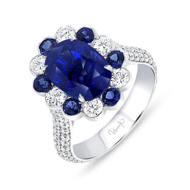 Uneek Precious Collection Halo Cushion Blue Sapphire Engagement Ring
