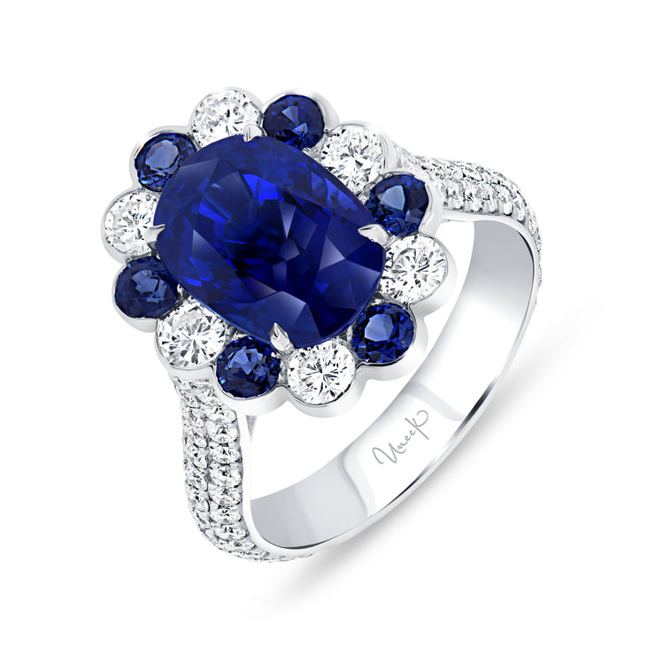 Uneek Precious Collection Halo Cushion Blue Sapphire Engagement Ring