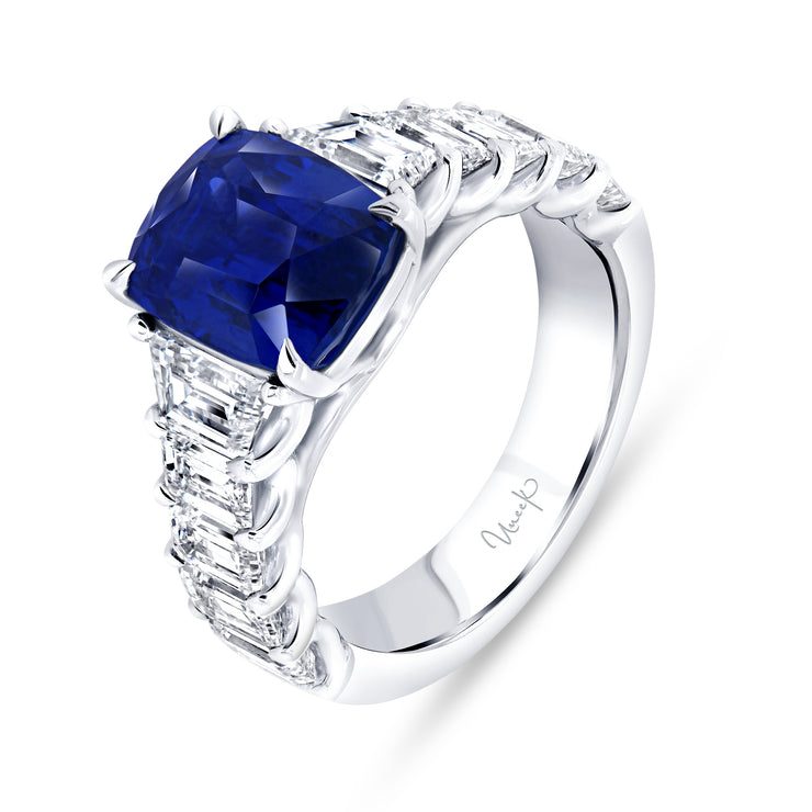 Uneek Precious Collection Tapered Cushion Blue Sapphire Engagement Ring