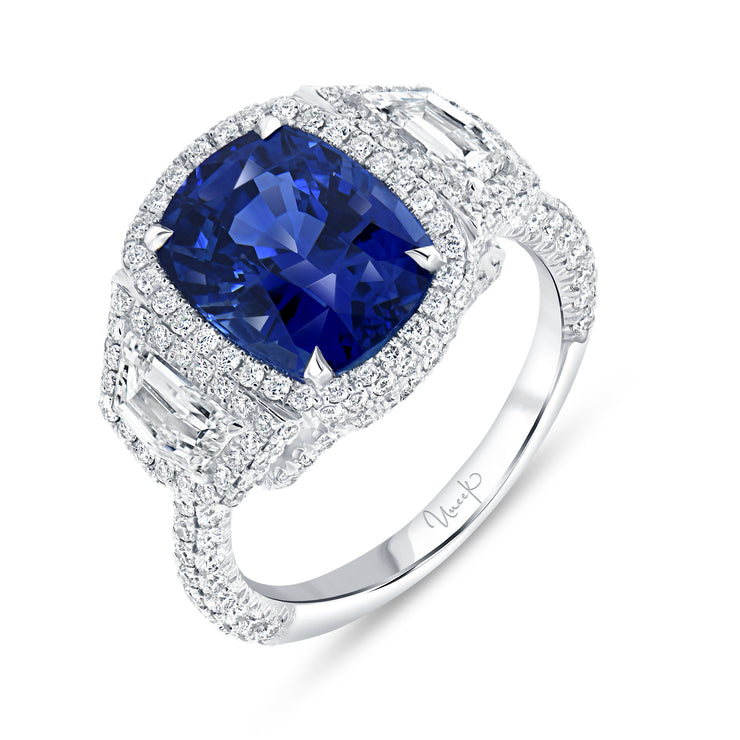 Uneek Precious Collection 3-Stone-Halo Cushion Blue Sapphire Engagement Ring