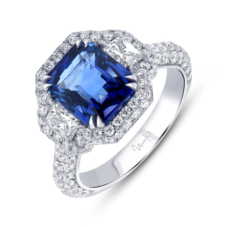 Uneek Precious Collection 3-Stone-Halo Emerald Blue Sapphire Engagement Ring