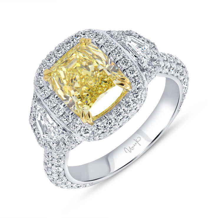 Uneek Natureal Collection 3-Stone-Halo Cushion Fancy Yellow Diamond Engagement Ring