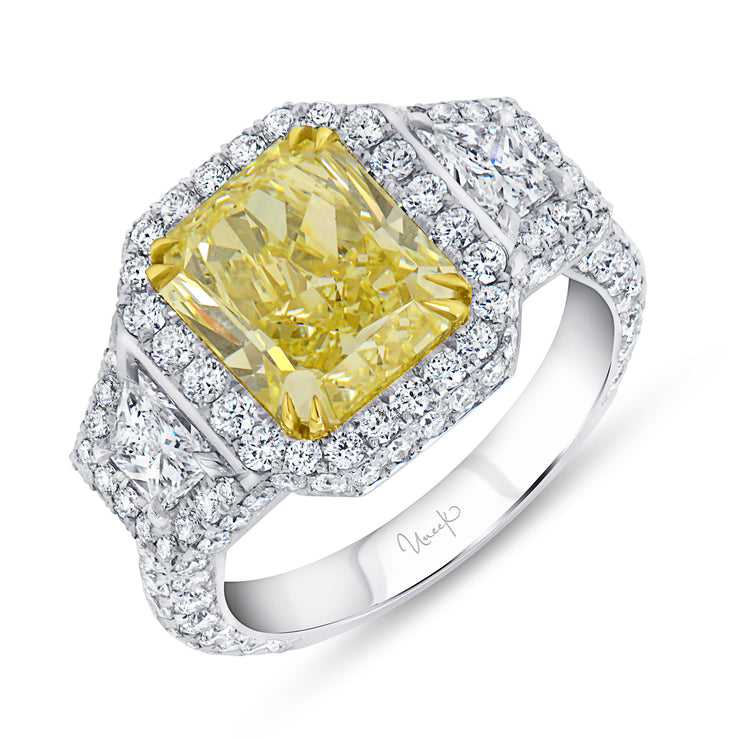 Uneek Natureal Collection 3-Stone-Halo Radiant Fancy Yellow Diamond Engagement Ring