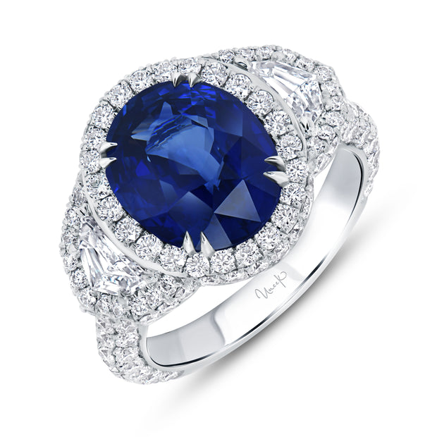 Uneek Precious Collection 3-Stone-Halo Oval Blue Sapphire Engagement Ring