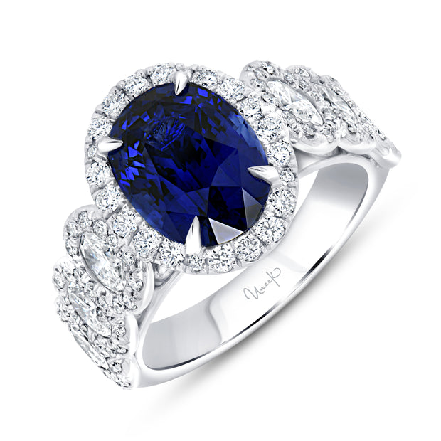Uneek Precious Collection Halo Oval Blue Sapphire Engagement Ring