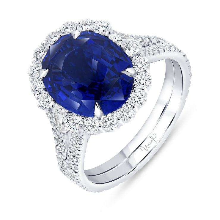 Uneek Precious Collection Halo Oval Blue Sapphire Engagement Ring
