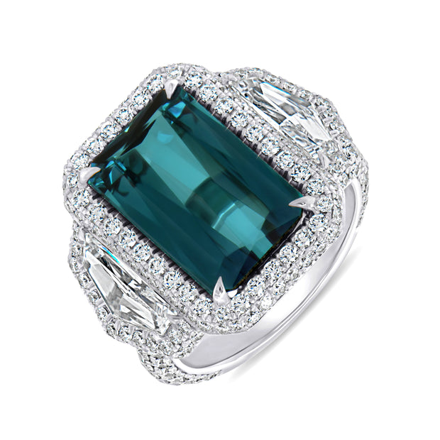 Uneek Precious Collection 3-Stone-Halo Emerald Green Tourmaline Engagement Ring