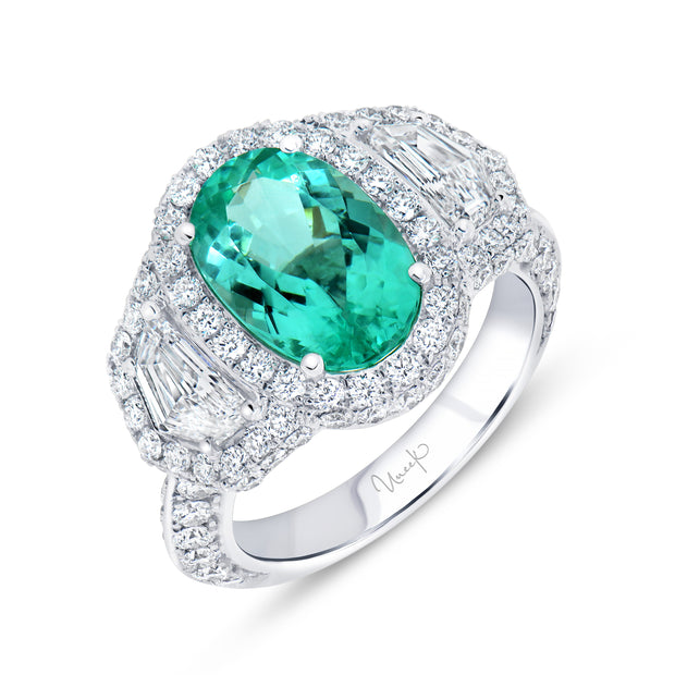 Uneek Precious Collection 3-Stone-Halo Oval Shaped Paraiba Engagement Ring