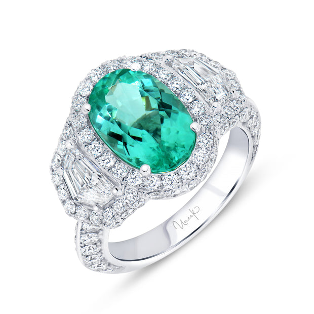 Uneek Precious Collection 3-Stone-Halo Oval Paraiba Engagement Ring