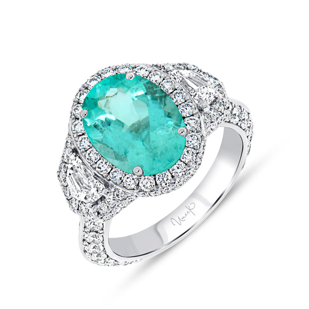 Uneek Precious Collection 3-Stone-Halo Paraiba Engagement Ring