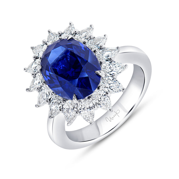 Uneek Precious Collection Halo Oval Blue Sapphire Engagement Ring