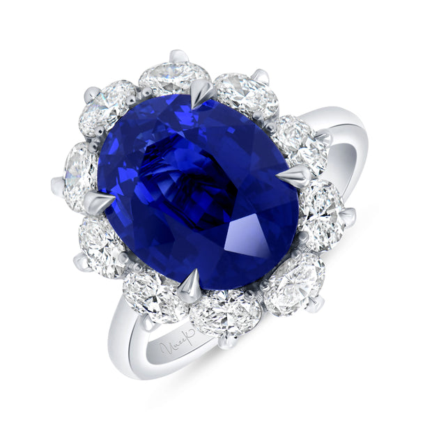 Uneek Precious Collection Halo Oval Shaped Blue Sapphire Engagement Ring