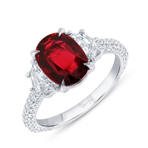 Uneek Precious Collection Three-Stone Oval Ruby Engagement Ring