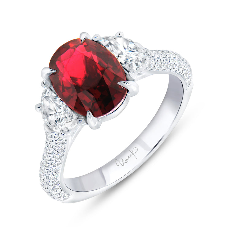Uneek Precious Collection Three-Stone Oval Ruby Engagement Ring