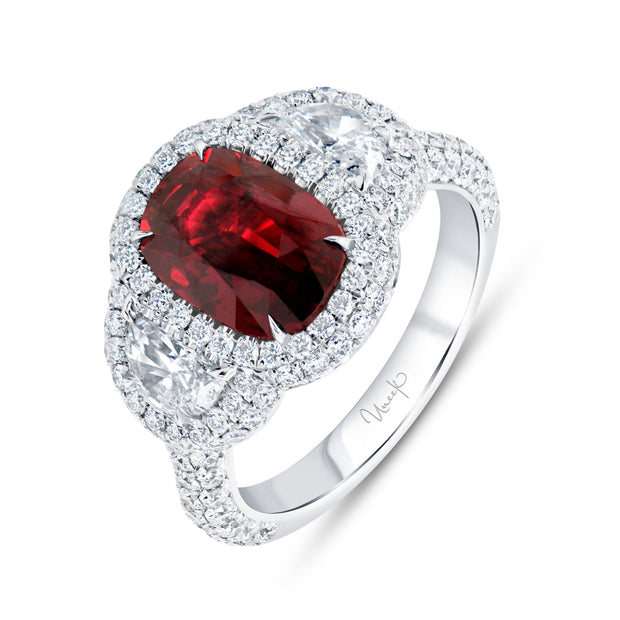 Uneek Precious Collection 3-Stone-Halo Cushion Ruby Engagement Ring