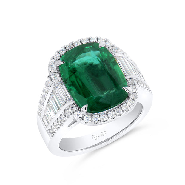 Uneek Precious Collection Halo Cushion Cut Emerald Engagement Ring