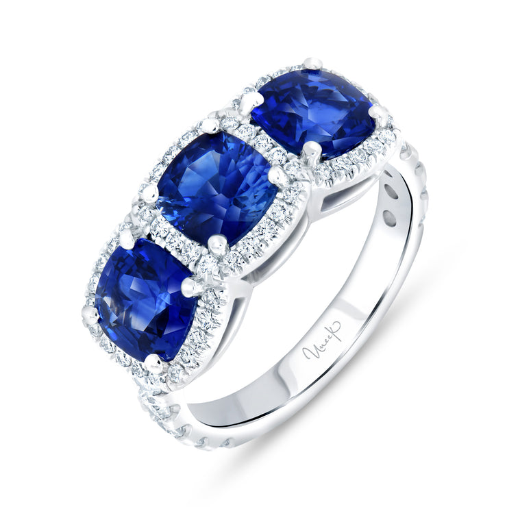 Uneek Precious Collection 3-Stone-Halo Cushion Blue Sapphire Anniversary Ring